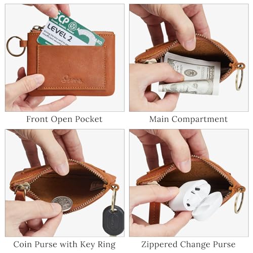 Image of S-ZONE Genuine Leather Coin Purse for Women Men, Zipper Pouch Pocket Wallet for Change, Cards with Keychain