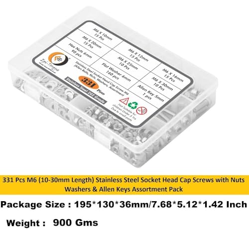 Image of Metric M6 Stainless Alloy Steel 202 Grade Hex Socket Head Cap Screws Nuts Allen Bolt Washer, Allen Keys Assortment Kit Set with Storage Box - Pack of 331 Pcs