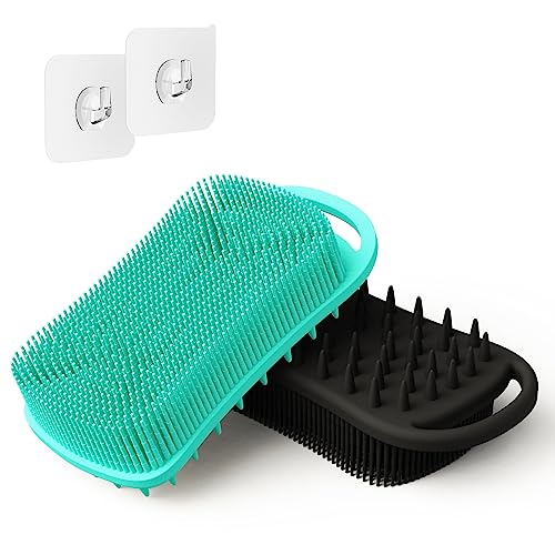 TOPHOME 2pcs Non-Scratch Silicone Sponges Food-Grade Cleaning Brush, Dish Washing Kitchen Scrubber for Tableware, Vegetable Fruits, Pot Pan Dish Bowl, Washing Hands, Shower Body Scrubber (Black+Blue)