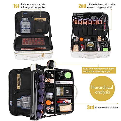 Relavel Makeup Bag Travel Makeup Train Case Large Cosmetic Case Professional Portable Makeup Brush Holder Organizer and Storage with Adjustable Dividers (Marble White)