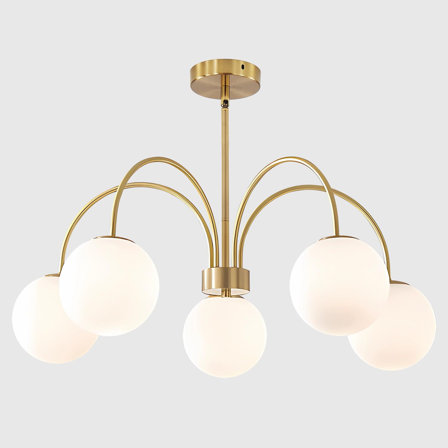 BOKT Mid Century Modern Gold Chandelier Large 5 Light White Globe Sputnik Chandelier Height Adjustable Milk Glass Hanging Pendant Lights Kitchen Island Vintage Dining Room Brass Ball Chandelier