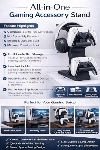 Image of Dual Controller & A-Stand for PS5 and Xbox - Gaming Headset Holder & Controller Organizer | PlayStation 5 Accessories | Black