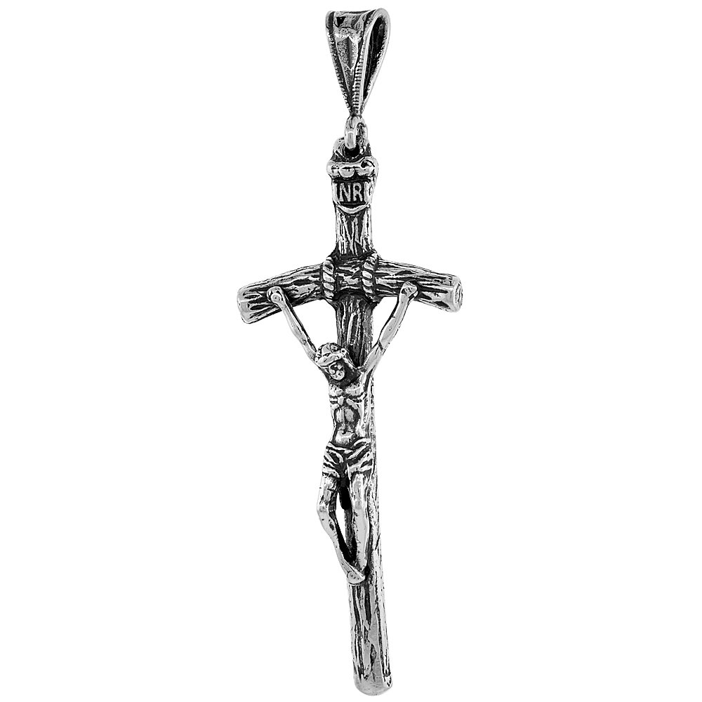 2 1/8 inch (53mm) Sterling Silver Pope John Paul II Pastoral Crucifix Necklace Oxidized finish available with or w/o Chain