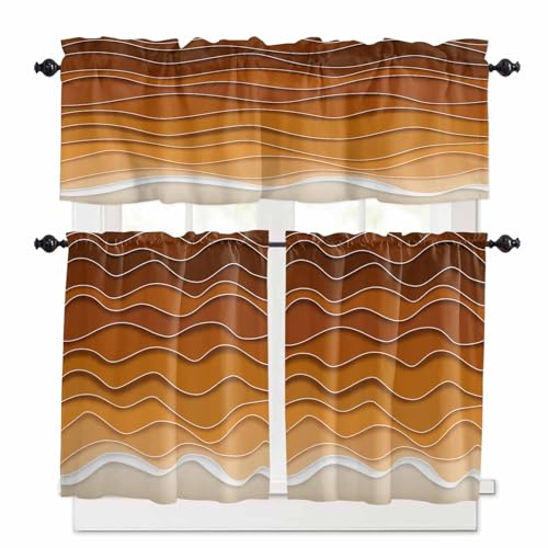 Orange Ocean Waves Kitchen Curtains 36 Inch Length,3 Piece Rod Pocket Small Half Tiers and Valance Set,Coastal Country Abstract Ombre Stripes Small Large Window Treatment Decor for Bedroom/Bathroom