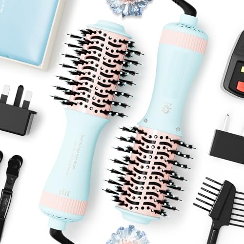 Image of Travel Dual Voltage Hair Dryer Brush 4-in-1 Portable Mini Hot Air Blow Dryer Straightener & Curler Brush, Titanium Round Blowout Styler Volumizer Tools, 110 /240V US /EU /UK -Baby Blue & Light Pink