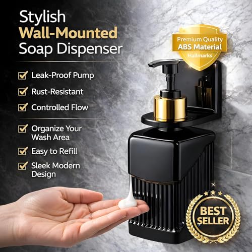 Image of Wall Mounted Soap Dispenser 300ml with Strong Adhesive Holder, No Drill Refillable Liquid Handwash Pump, Bathroom Kitchen Shampoo Sanitizer Dispenser (1, Black)