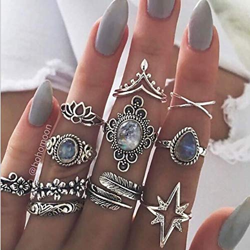 Crysly Boho Mid Knuckle Rings Silver Joint Finger Ring Star Crystal Stacking Rings Set for Women and Girls (Pack of 11)