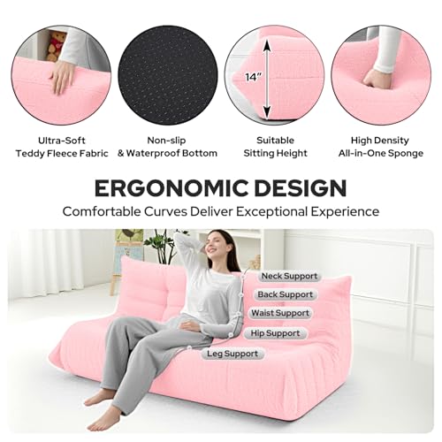 Image of HABUTWAY Bean Bag Chairs Fireside Lazy Floor Sofa,3 Seater,Pink | Soft Teddy Fleece 3 Seater Sofa with High-Resilience Foam Filling，Beanbag for Living Room, Bedroom, Office