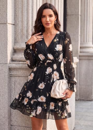 Image of Prettywear Women's Chiffon Long Sleeve Wrap Neck Wedding Guest Mini Dress | Wrap V Neck Smocked Waist Flowy Dress, Spring Fall Outfits for Cocktail, Vacation, Date Night Party