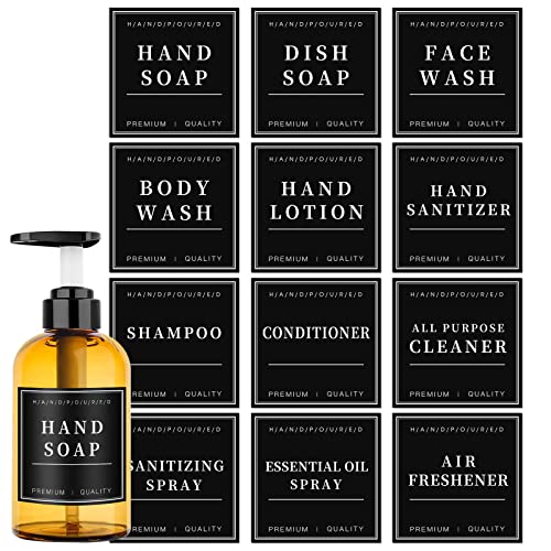 Waterproof Labels For Glass/Plastic Bottles, 12 Pcs Bathroom Hand Soap Shampoo Dispenser Label Stickers, Removable Bottle Labels For Soap, Lotion, Shampoo And Conditioner (3"X3",Black) #TOP9