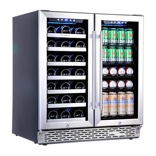 Phiestina Wine and Beverage Refrigerator, 30 inch Dual Zone Wine Fridge with Glass Door 33 Bottles & 100Cans, Built-in or Freestanding Beer Drink Wine Cooler with Blue LED Light