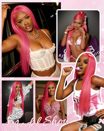 Stybee 32 Inch Pink Wig Human Hair 13x6 200% Density Straight Human Hair Wig Pink Free Tangle Tiny Knots Pre Plucked Natural Hairline No Shedding No Synthetic Fiber True Length 3X Longer Lifespan — view 4
