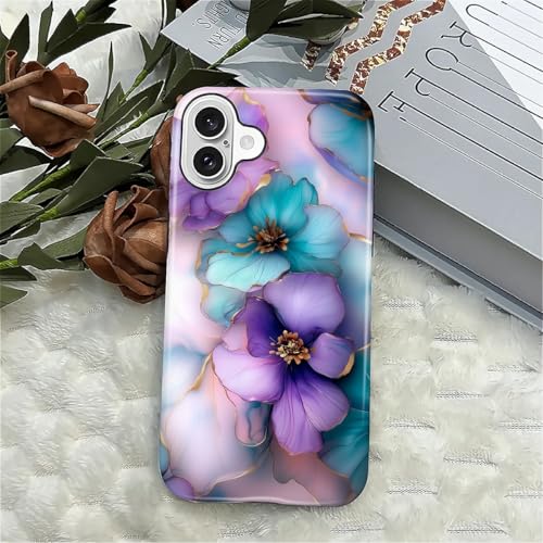 Punmada for iPhone 16 Case,Girl Women Boy Hard Hybrid Shell Shockproof Silicone Full Body Protective Glossy Case for iPhone 16 Golden Purple Flower Art Pattern - image 2