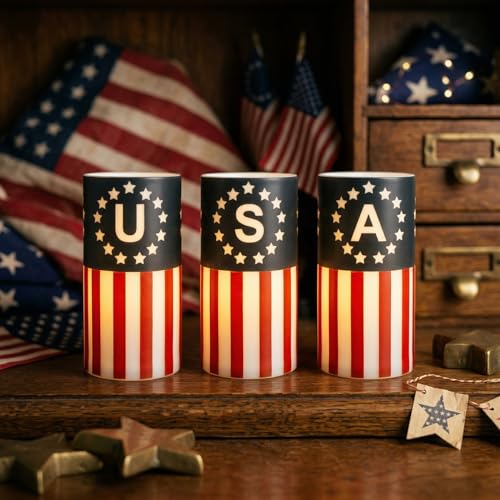Image of Patriotic Candles with Timer Remote Control, 6inch,3Pcs | 4th of July Candles for American Independence Day Decorations,250th Anniversary American Flag LED Candles