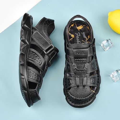 Men's Genuine Leather Round Closed Toe Fisherman Sandals Adjustable Hook Loop Casual Outdoor Hiking Sandals Comfort Non-Slip Beach Sport Athletic Walking Traveling Shoes3
