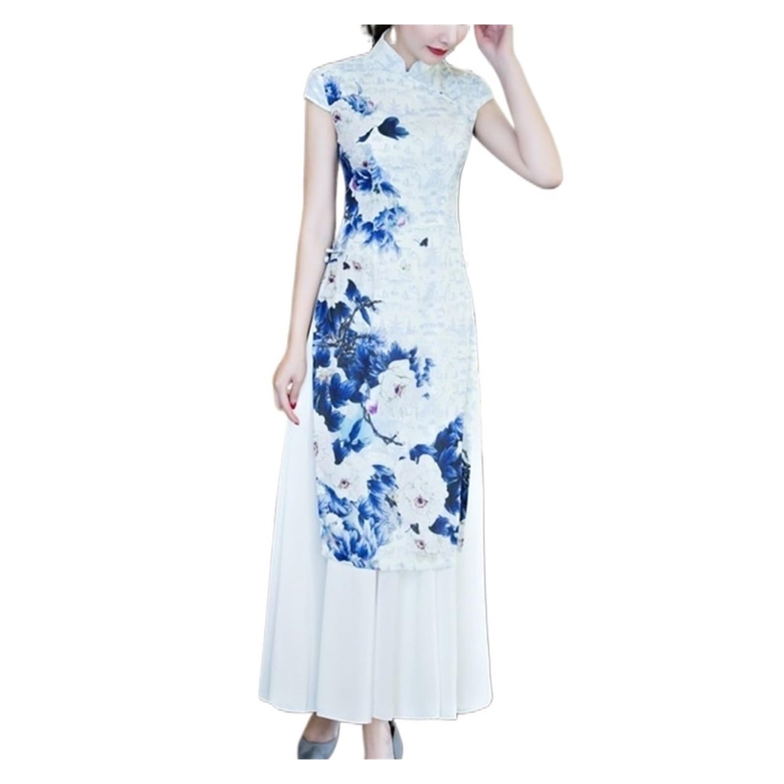 Vintage Ulepszenia Wietnamska Sukienka Ao Dai Lato Długa Podwójna Warstwa Rozcięcie Ao Dai Cheongsam Ubrania dla Mam Wybieg Qipao Poliester(3XL)