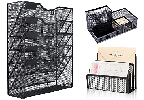 Styxon 5 Pockets Mesh Wall File Holder Office Hanging File Folder Magazine Rack Mail Sorter Bin With Pen Stand and Letter Paper File Storage Rack, Black