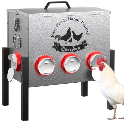 10gal Large Automatic Chicken Feeder - 55LB Capacity 8 Port No Waste Poultry Feeder, Rust-Proof Alloy Steel with Locking Lid & Adjustable Legs for Chickens