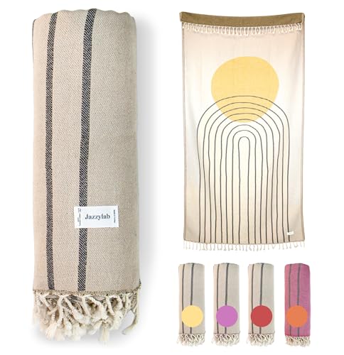 jazzylab AREN Fouta Plage & Hammam – Peshtemal | 100% Coton | Tissage Jacquard Artisanal | Serviette Bain, Plage, Sauna – Style Oriental | Franges nouées...