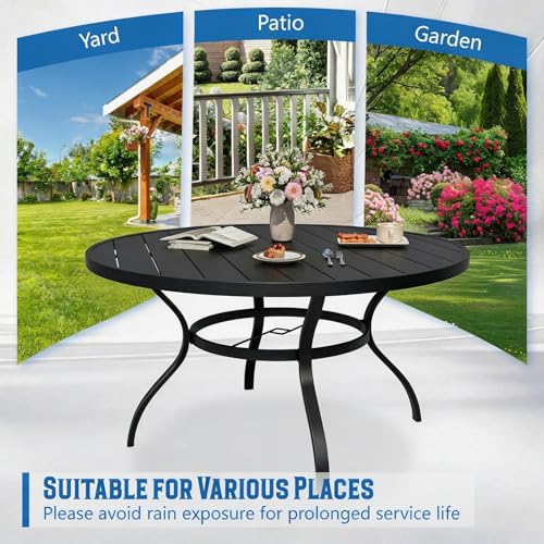 Image of Incbruce Patio Dining Table, 53 inch Round Table Metal Steel Slat Table with 1.57 inch Umbrella Hole, for Backyards, Porches, Gardens, or Poolside