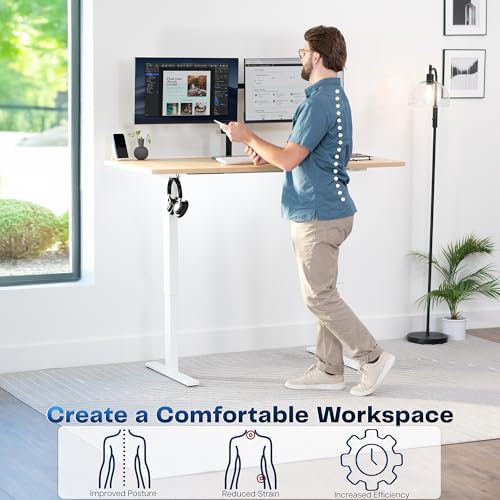 Image of VIVO Light Wood 60 x 30 in Standing Desk, DESK-KIT-1W6C-30 | Electric, Holds 220 lbs, Sit Stand, Height Adjustable, Extra Deep Table Top, Memory Presets, 1B Series, White Frame