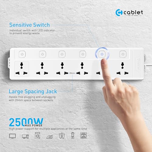 Image of Cablet Extension Board 3 Meter Cable, 2500W 10A, 6 Universal Multi Plug Socket, 6 Individual Switches, 3 Mtr Heavy Duty Cord, LED Indicator, Power Strip for Home Office (6 Socket + 6 Switch, 3 Meter)