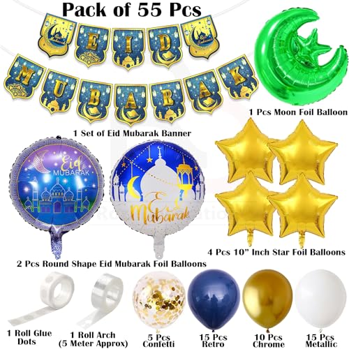 Image of Rozi Decoration Eid Mubarak Decoration Items with Eid Mubarak Foil Balloons, Moon & Star Foil Balloons for Eid Al Adha Mubarak Decorations| Bakrid Mubarak Decoration Pack of 55 Pcs