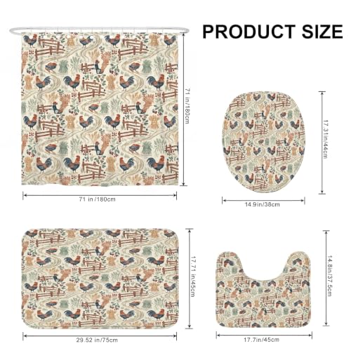 Ensemble rideau de douche coq rustique et tapis 183x183 rouge