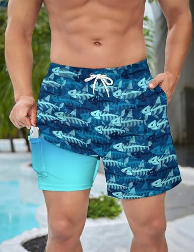 Mens Swim Trunks with Compression Liner 5" Board Shorts with Zipper Pockets 2 in 1 Quick Dry Bathing Suits4