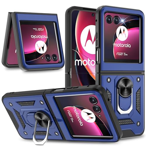 Coque Motorola Razr Plus 2023 béquille anneau et protection caméra bleu
