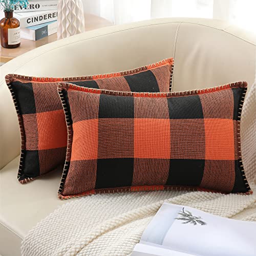 decorUhome Summer Buffalo Plaid Check Throw Pillow Covers 12x20 Set of 2 Outdoor Lumbar Linen Decorative Farmhouse Gingham Pillow Covers with Stitched Edge for Bed Couch Sofa, Orange and Black