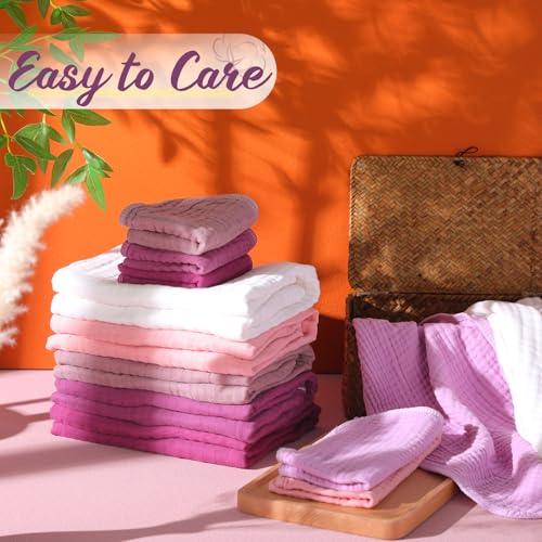Image of VitalCozy 12 Pcs Baby Muslin Hooded Bath Towels and Washcloths, Muslin Hooded Baby Towels Absorbent Blankets for Gift Newborn Infant Shower (Pink Purple Series)