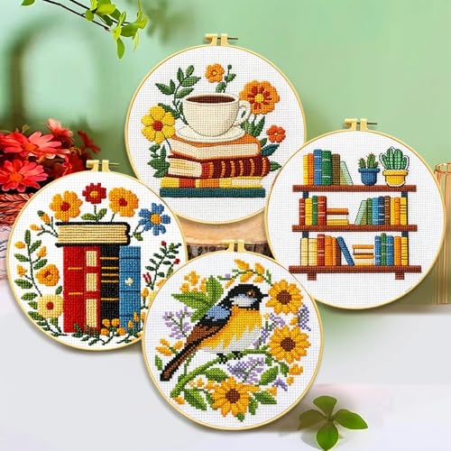 Image of Zhenqing Book Lover's Cross Stitch Kit - 4-Piece Set with Pre-Printed 11CT 24x24cm Fabric, Hoop & Tools, Reading & Flower Themes for Beginners(70411)