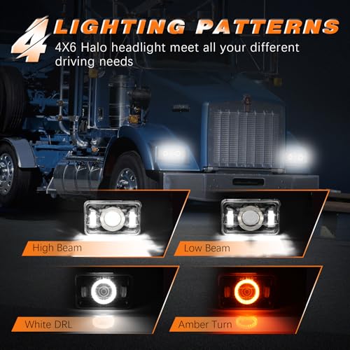 Image of 4x6 LED Headlights [DOT Approved] with Halo White DRL Amber Turn Signal Light [High Low Sealed Beam] Compatible for Peterbilt 379 Kenworth T800 T600 Freightinger Ol-dsmobile Trucks