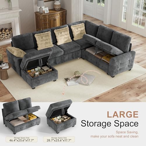 Image of Hanherry Sectional Couch with Pull Out Sofa Bed,Chenille Sleeper Sofa with Storage Ottoman & USB Charging,Comfy L Shaped Modular Couches for Living Room,Apartment