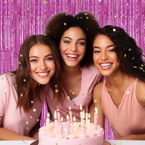 Image of DECOCKRAT 2 Pack Foil Fringe Backdrop - Hot Pink Shiny Tinsel Curtains for Party Decoration /Photo Booth Props - 3.3x6.6 FT Metallic Foil Backdrop for Birthday, Wedding, Graduation, Christmas.