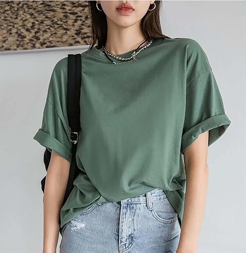 Image of London Hills Women's Cotton Loose Casual Round Neck Solid, Drop Shoulder T-Shirt Pack of 2