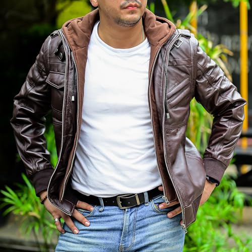 Image of Jild Hooded 2.0 Leather Jacket Men - Genuine Lambskin Leather Bomber Jacket with Removable Hood for Mens Fashion