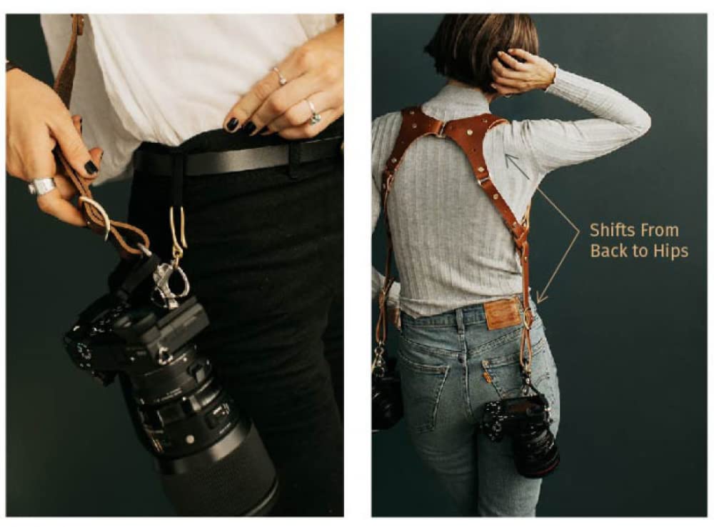 Accessori per tracolla per fotocamera per due fotocamere – Tracolla in pelle a doppia spalla – Attrezzatura per fotocamera multipla per tracolla per DSLR/SLR di SIQI-black