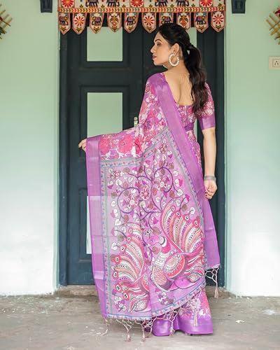 Image of Kaugalian store Linen Cotton Floral Printed Saree for Women with Unstitched Blouse Piece | 5.5 M Saree & 0.8 M Blouse