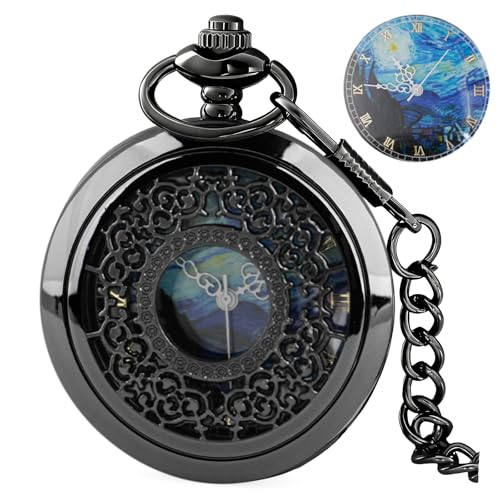 Tiong Van Gogh Starry Night Moon Hollow Black Case Quartz Pocket Watch Roman Numerals Retro Watches Art Souvenir Gift for Men Women
