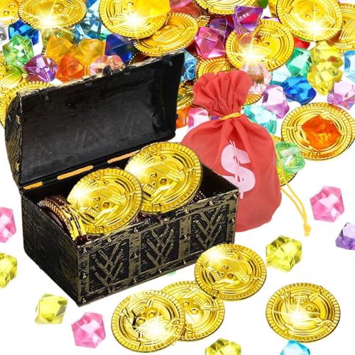 TENGWA 50 Pièces Trésor de Pirates 50 Pièces Pierres Précieuses avec Coffre au Trésor et Bourse Aventure Pièces de Pirate pour Décoration sur Thème...