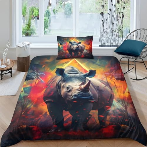 Housse de couette rhinocéros 3D 135x200 infroissable à fermeture éclair