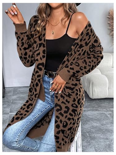 Verdusa Women's Leopard Print Open Front Long Cardigans Sweaters Knit Outerwear with Pockets3