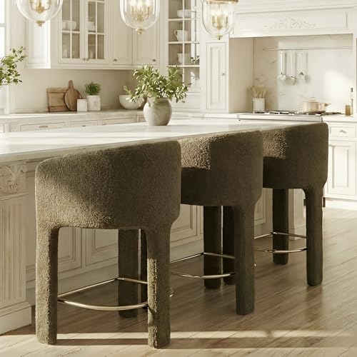 Image of HNY Modern Barrel Bar Stools Set of 3, 26 Inch Upholstered Sherpa Counter Height Bar Stools with Back and Armrests for Kitchen Island, Home Bar, Dining Room, No Assembly, Green