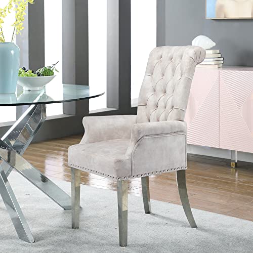 Loulens Luxurious Velvet Dining Chairs, Modern Upholstered Tufted Dining Room Chairs, Armrests Dining Chairs With Stainless Steel Leg For Kitchen, Dining, Living Room, Bedroom (Beige + Velvet) #TOP1
