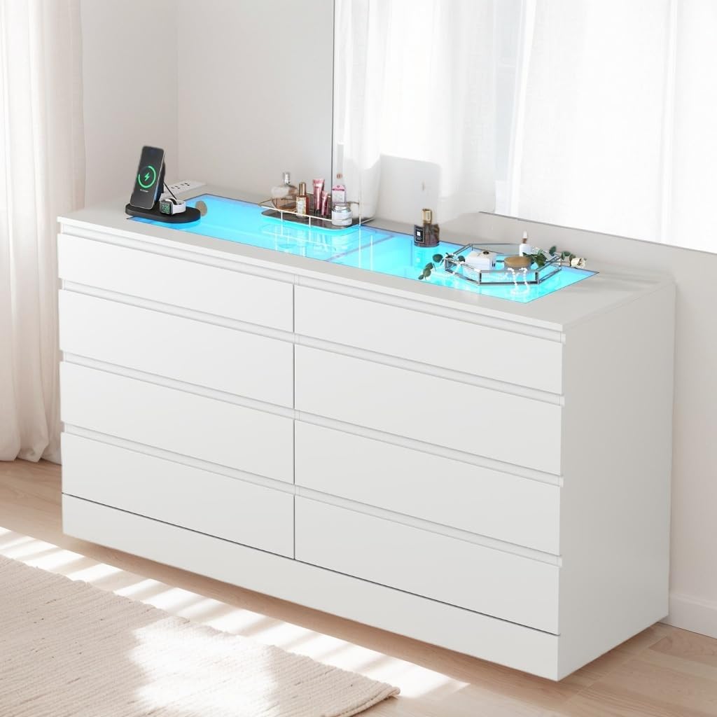 8 Drawer Dresser with Glass Top & Power Outlet, White Dresser for Bedroom with LED Light, Modern Chest of Drawer Double Wide Drawers Organizer Cabinet for Bedroom, Living Room (White)