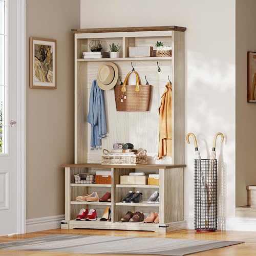 YITAHOME Hall Tree with Bench and Shoe Storage, Farmhouse Entryway Bench with Coat Rack, Entrance Organizer with 7 Hooks and 6 Shoe Storage & Adjustable Shelf Off White & Walnut Grain 39.4"
