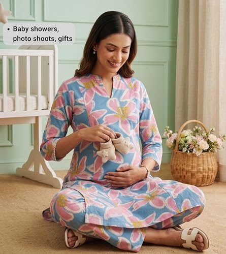 Image of DUMMY SHAPE Feeding Kurtis for Women Cotton Blend | Floral Kurta Pant Dupatta Set with Nursing Zippers to Pre & Post Partum | Maternity Dresses | Mom to Be Gifts for Pregnant Woman