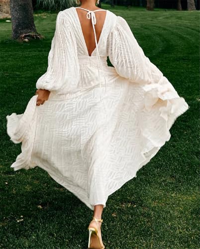 Qikaka Women's Long Puff Sleeve Deep V Neck Ribbed A-Line Sexy Nightclub Party Long Dress3